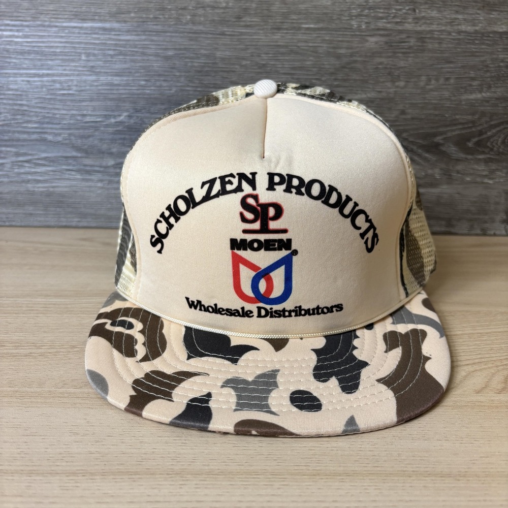 Vintage MOEN Scholzen Products Hat Cap Snap Back Tan Camo Trucker Mesh - Picture 2 of 9